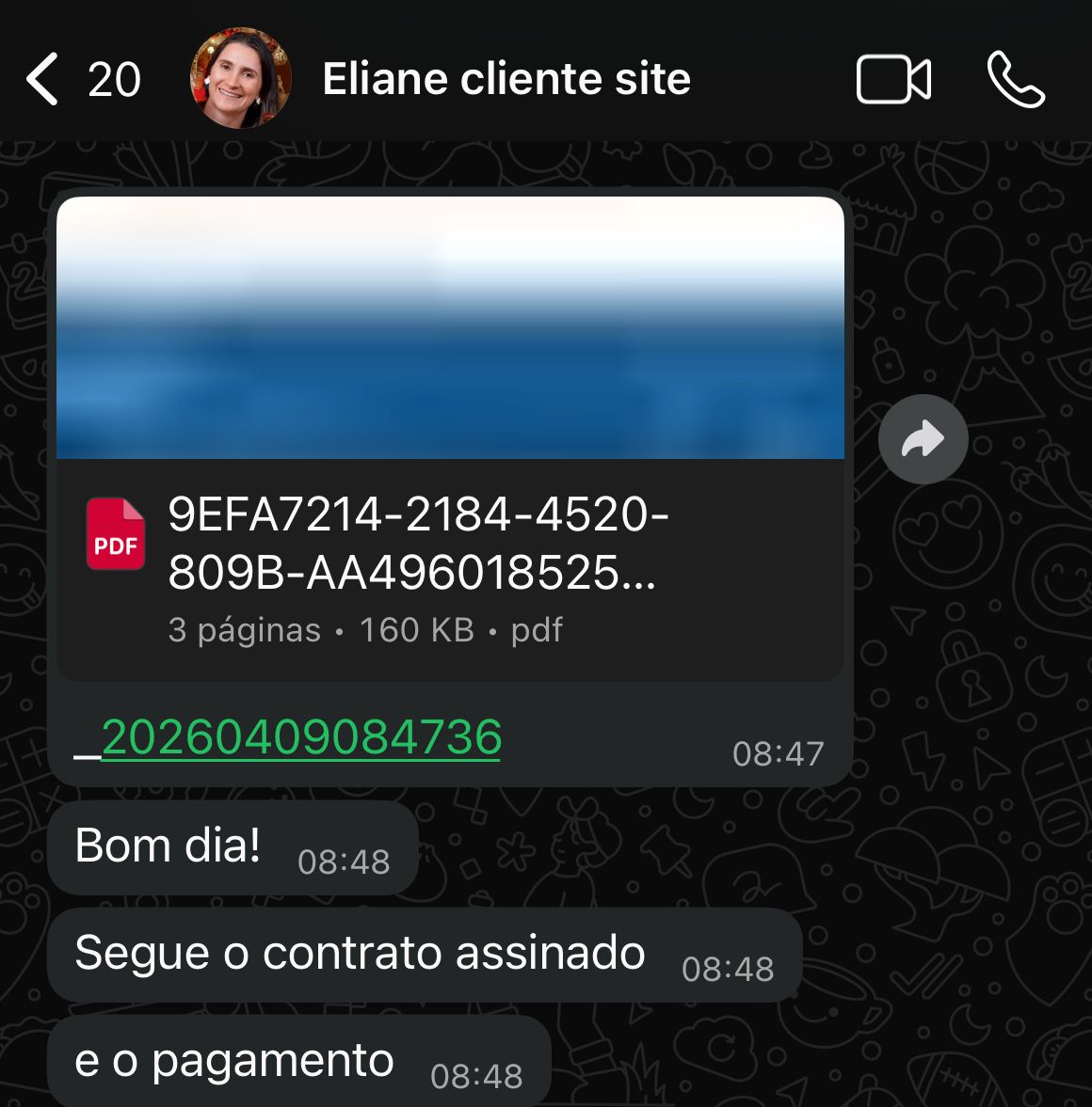 Print de WhatsApp com contrato assinado e pagamento