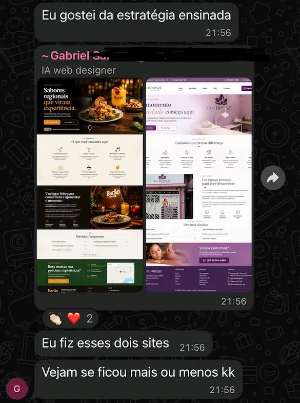 Aluno mostra dois sites que criou no método e elogia a estratégia ensinada