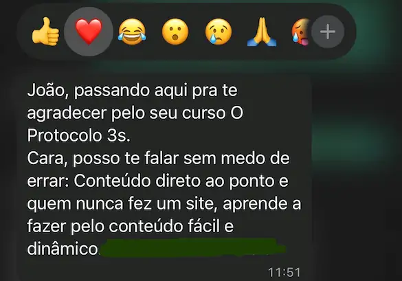 Aluno agradece pelo curso O Protocolo 3S, conteúdo direto ao ponto